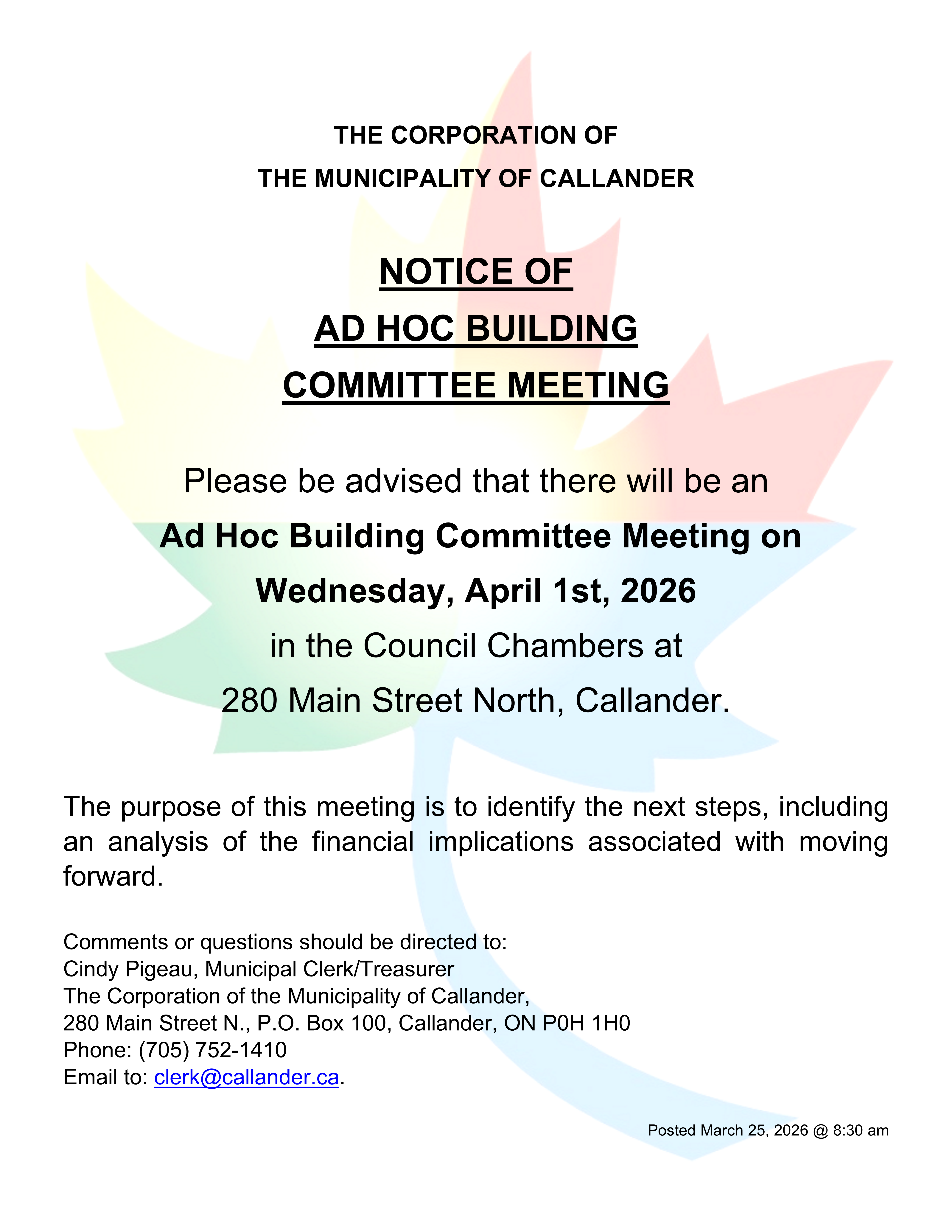 Notice of Ad Hoc Building Committee Meeting